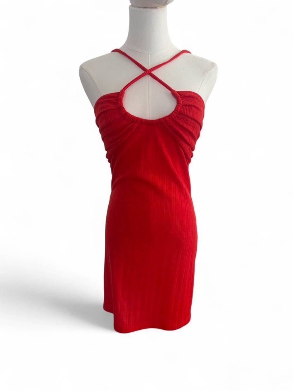 Red Ribbed Cross-Strap Bodycon Dress